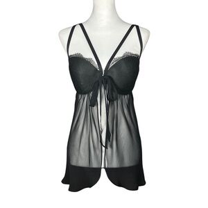 Victoria’s Secret Black Sheer Lace Babydoll Slip 36D Push Up Whimsigoth Goth Bow